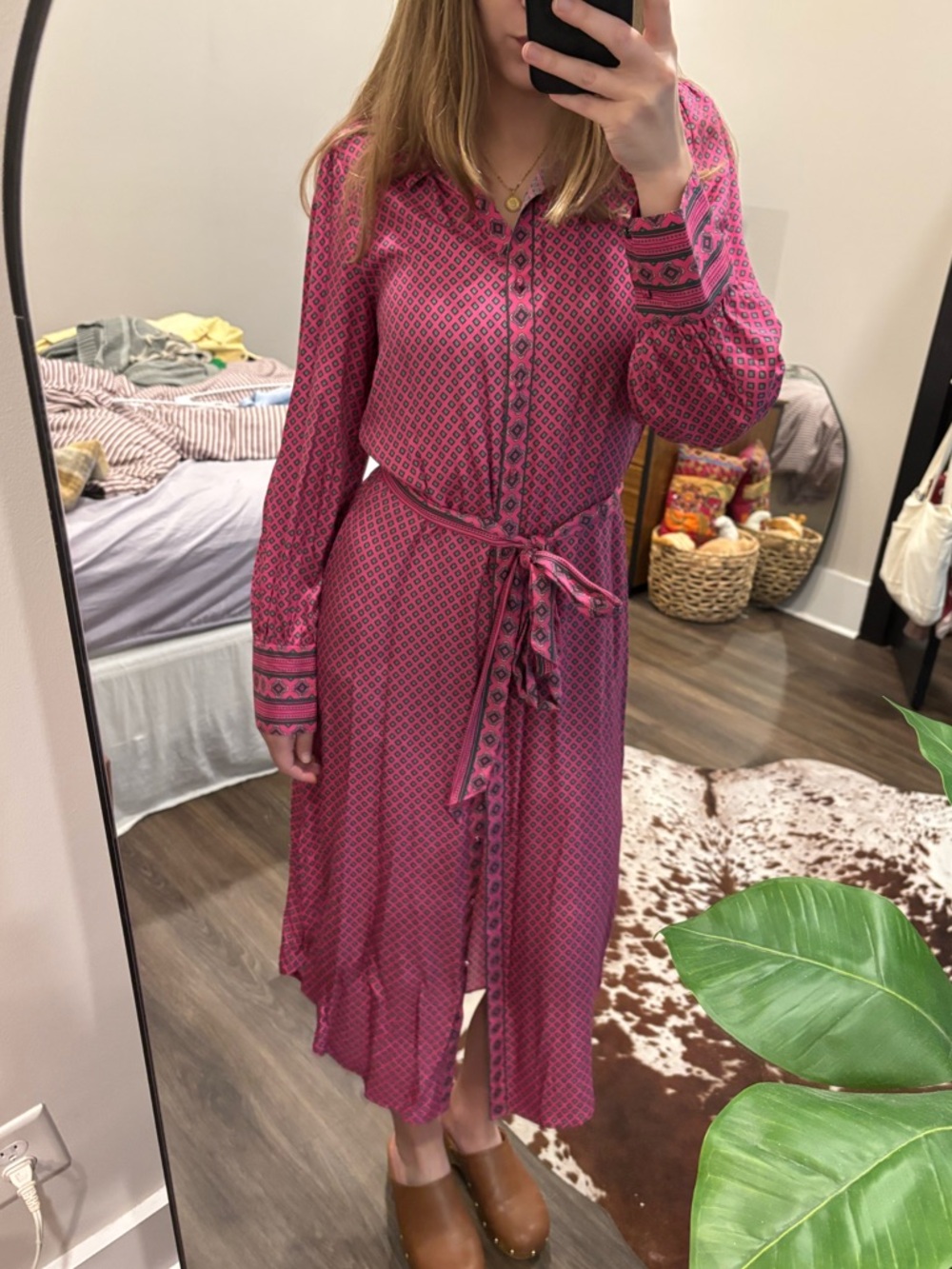 Vineyard Vines silk twill midi shirt dress in diamond boarder pink